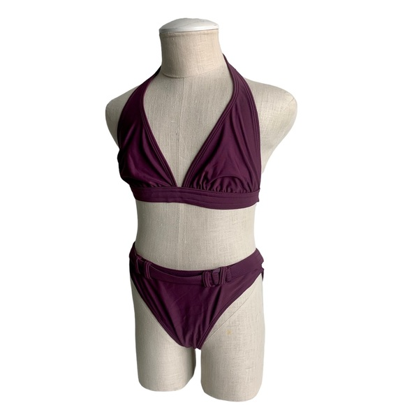Purple burgundy bikini 2‎ piece faux belt on bottoms imported size small - Picture 2 of 13